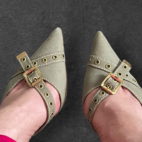 SOLDX AUTH DIOR VINTAGE MULE SLIDE SANDAL GREEN KHAKI CANVAS POINTED TOE 7.5 38 - Picture 4 of 8